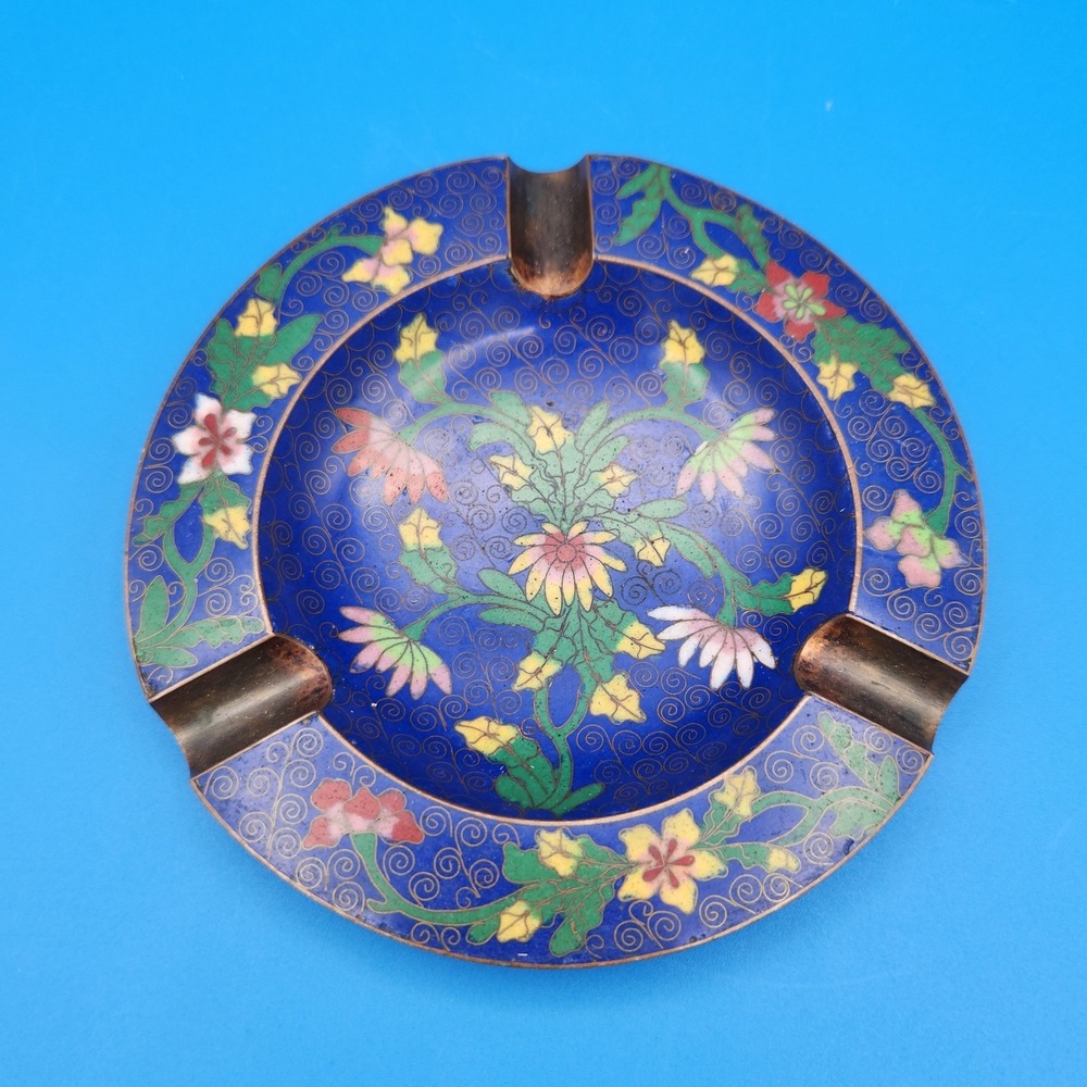 Vintage Chinese Cloisonne Enamel Ashtray Cobalt Blue Floral Brass 5 Inch